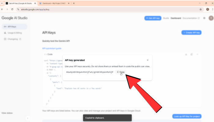Generated API Key Box